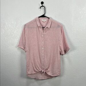 beachlunchlounge Red White Striped Casual Button Down Shirt Sz XS Cotton Linen